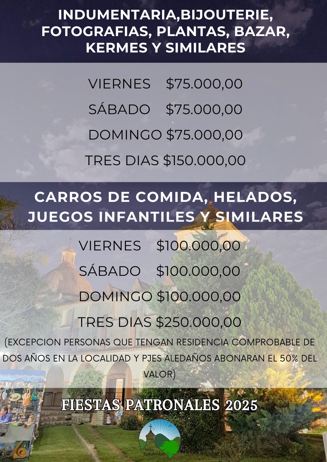 SE DEFINIERON LOS VALORES PARA PUESTOS EN LAS FIESTAS PATRONALES 2025 DE VILLA TULUMBA