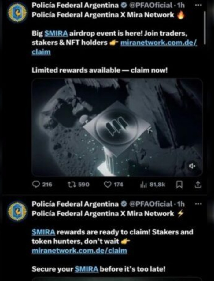 HACKEAN LA CUENTA DE X DE LA POLICÍA FEDERAL ARGENTINA PARA DIFUNDIR UNA CRIPTOMONEDA